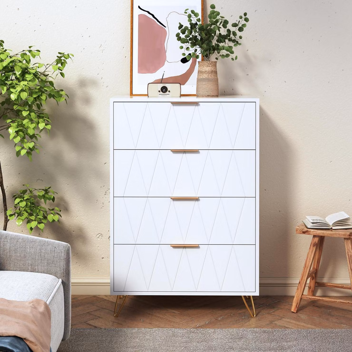 Comodino con 4 cassetti, struttura in tessuto, mobiletto contenitore, bianco, 60x34x90 cm
