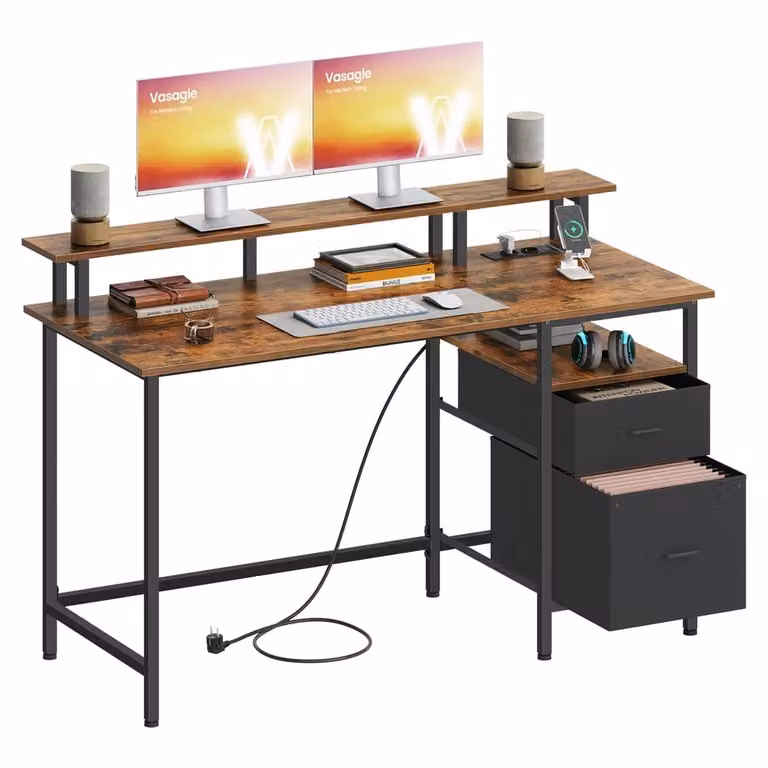 Scrivania per Computer con LED e Prese Nero Ebano, Marrone Vintage / 135l cm