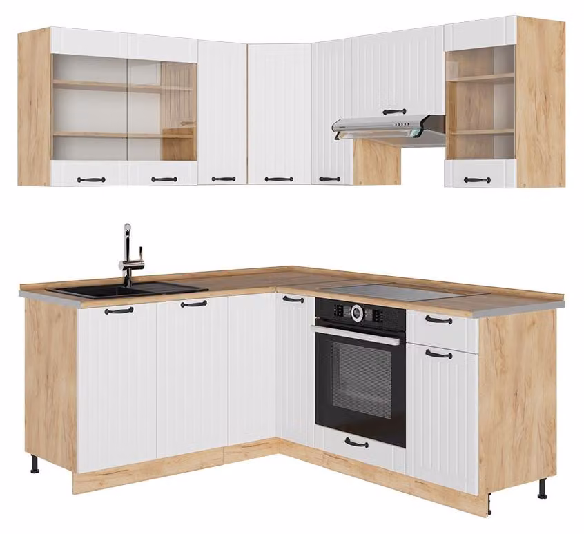 Cucina angolare completa Vicco Fame-Line Bianco rustico/Rovere dorato 190 x 160 cm, PL Rovere, Model 56689