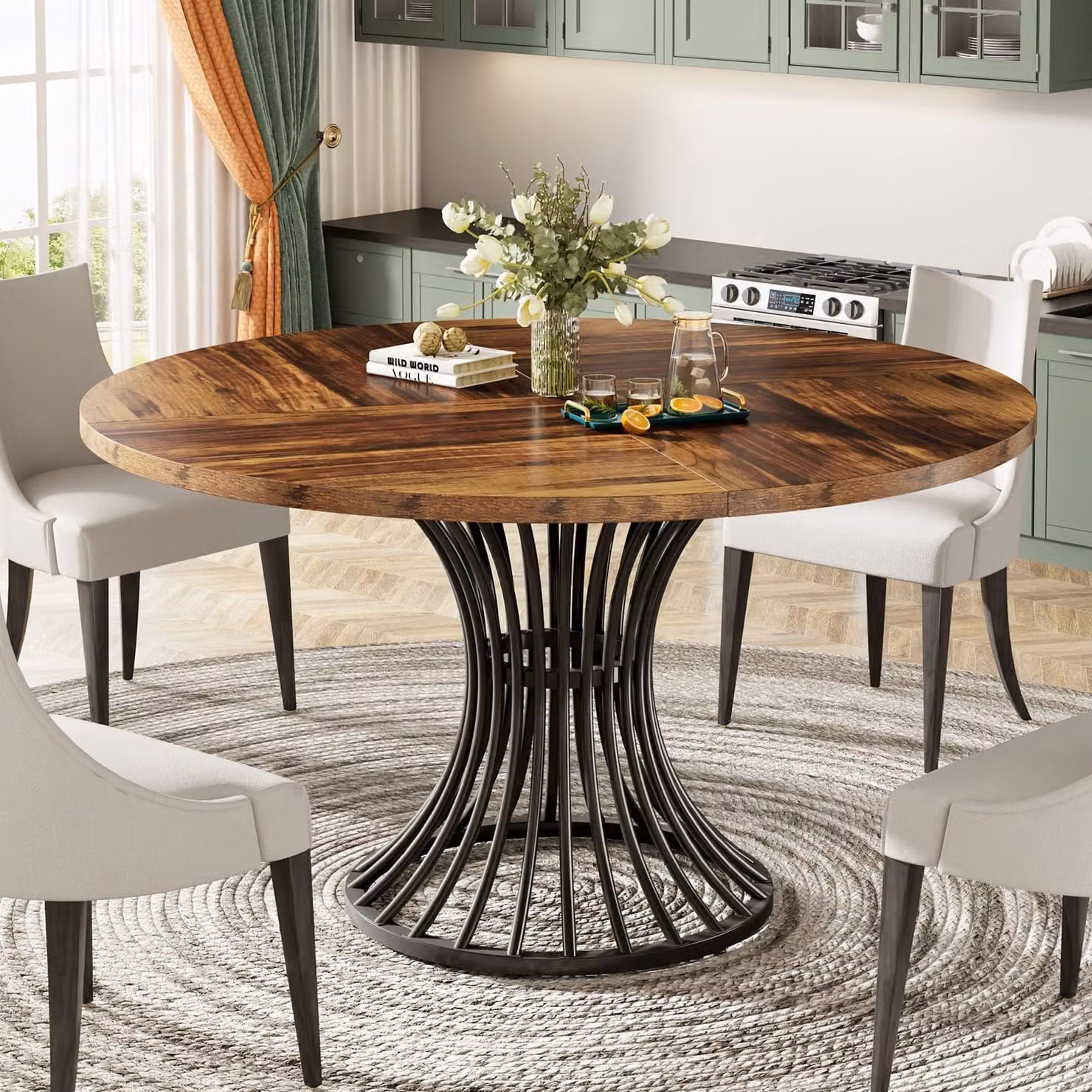 LITTLE TREE Tavolo da pranzo rotondo per 4-6 persone, stile country, tavolo da cucina, tavolo da pranzo in stile industriale con struttura in metallo, marrone rustico, 120 cm