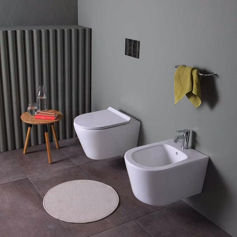 Coppia di sanitari sospesi in Vetroceramica filomuro | Blues