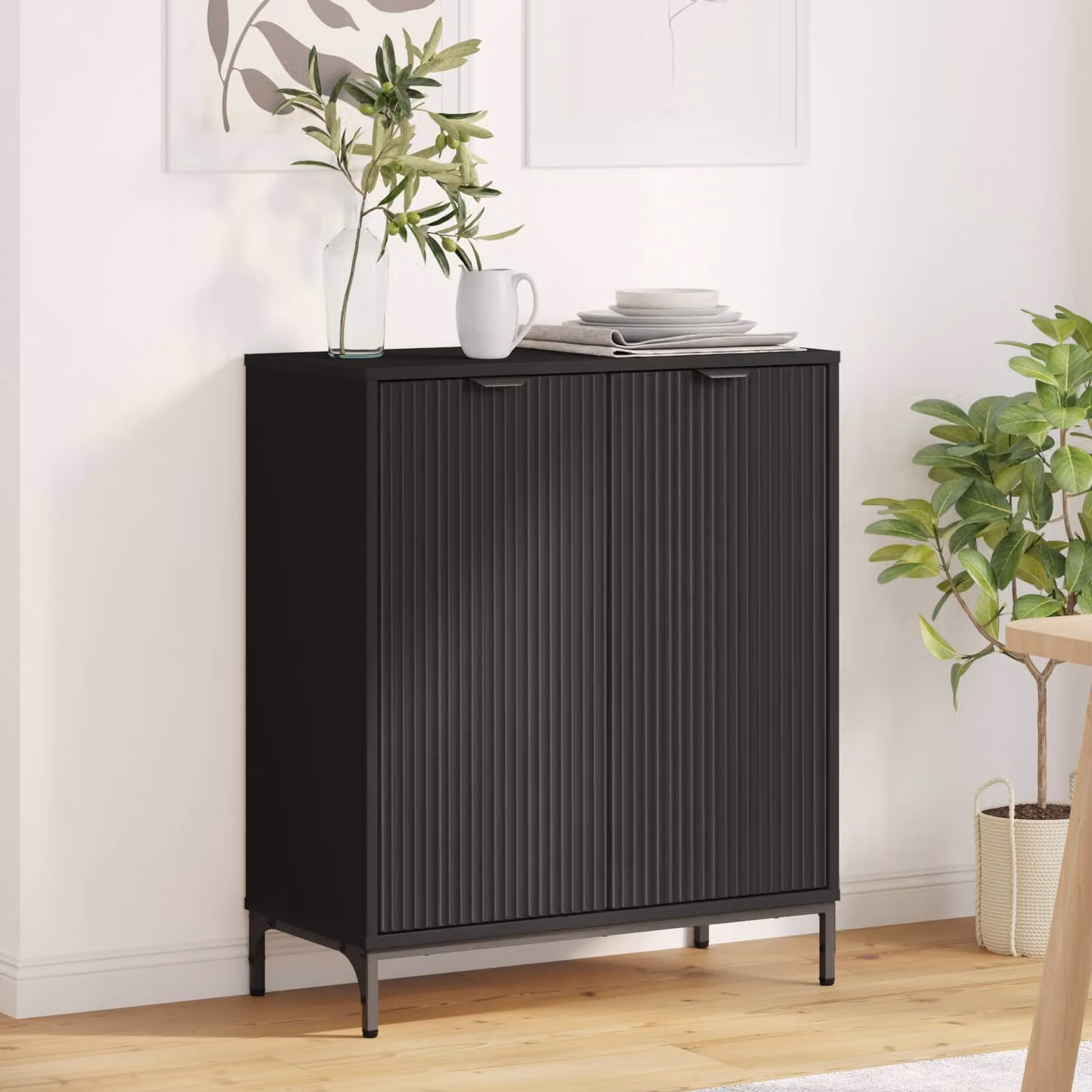 Credenza moderna vidaXL in legno ingegnerizzato e metallo, colore nero, L 69,5 x P 33 x H 82 cm
