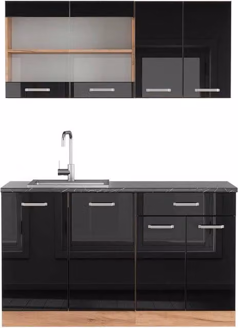 Cucina monoblocco R-Line Nero lucido/Rovere dorato 140 cm, PL Antracite Vicco