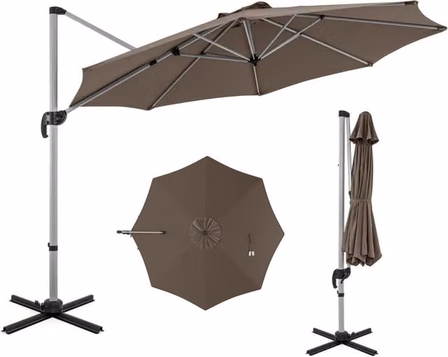 Ombrellone da giardino 339cm con rotazione a 360¡ã inclinazione regolabile, Ombrellone a sbalzo rotondo Marrone-Ombrelloni