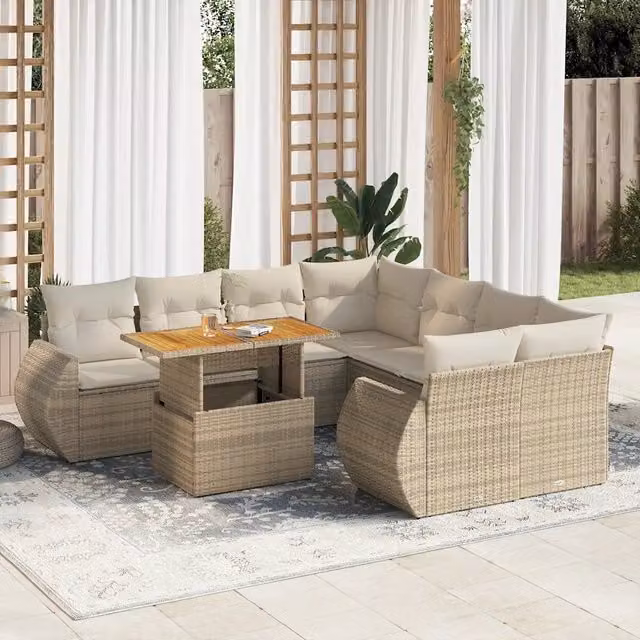 Set Divano da Giardino a L vidaXL in Polyrattan con Cuscini Beige e Tavolino da Caffè – 1