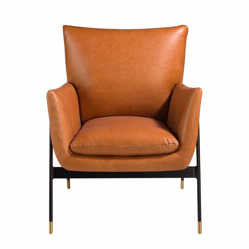 Poltrona girevole moderna Angel Cerdà in pelle marrone con struttura in metallo oro e braccioli – 2
