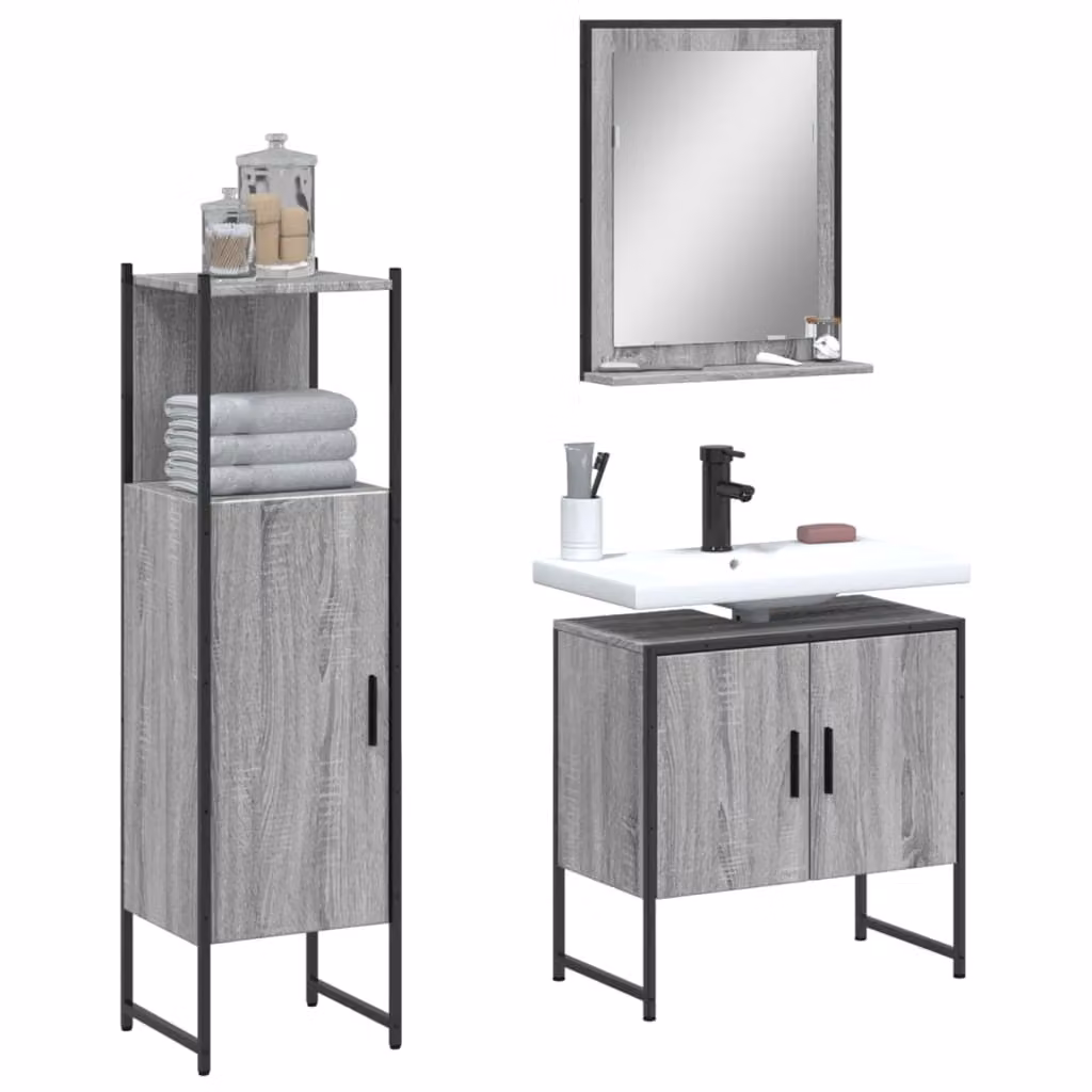 Set di mobili da bagno vidaXL composto da 3 pezzi in legno e metallo, colore grigio, con vanità, pensile e mobile laterale