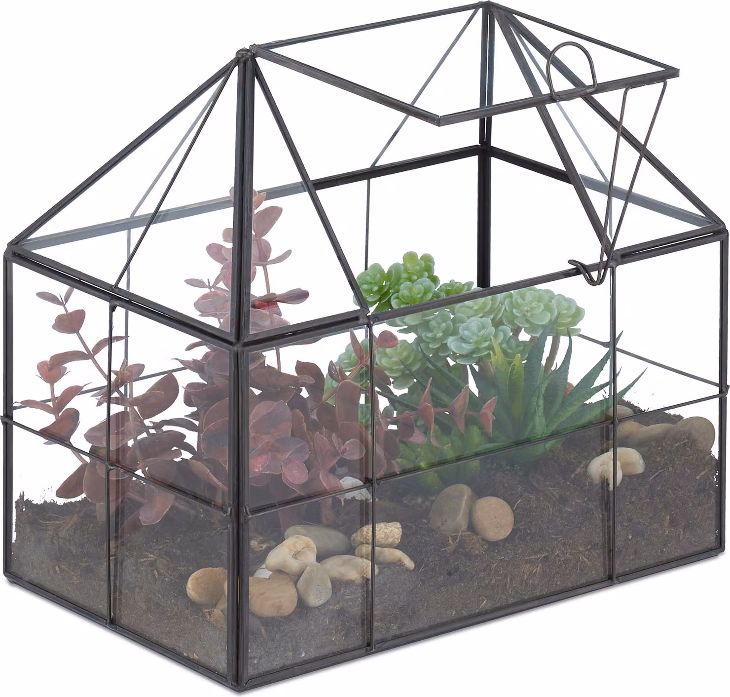 Terrario per piante Relaxdays, vetro e rame, 21x23x14 cm, serra decorativa con cactus e muschio, contenitore in vetro da davanzale, nero
