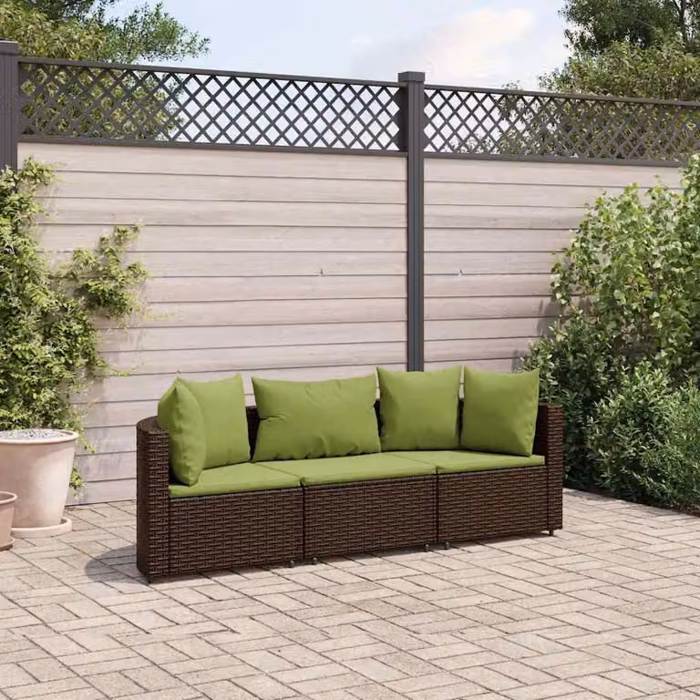Set Divano da Giardino a L vidaXL in Polyrattan Marrone e Verde con Cuscini e Struttura in Acciaio Verniciato a Polvere