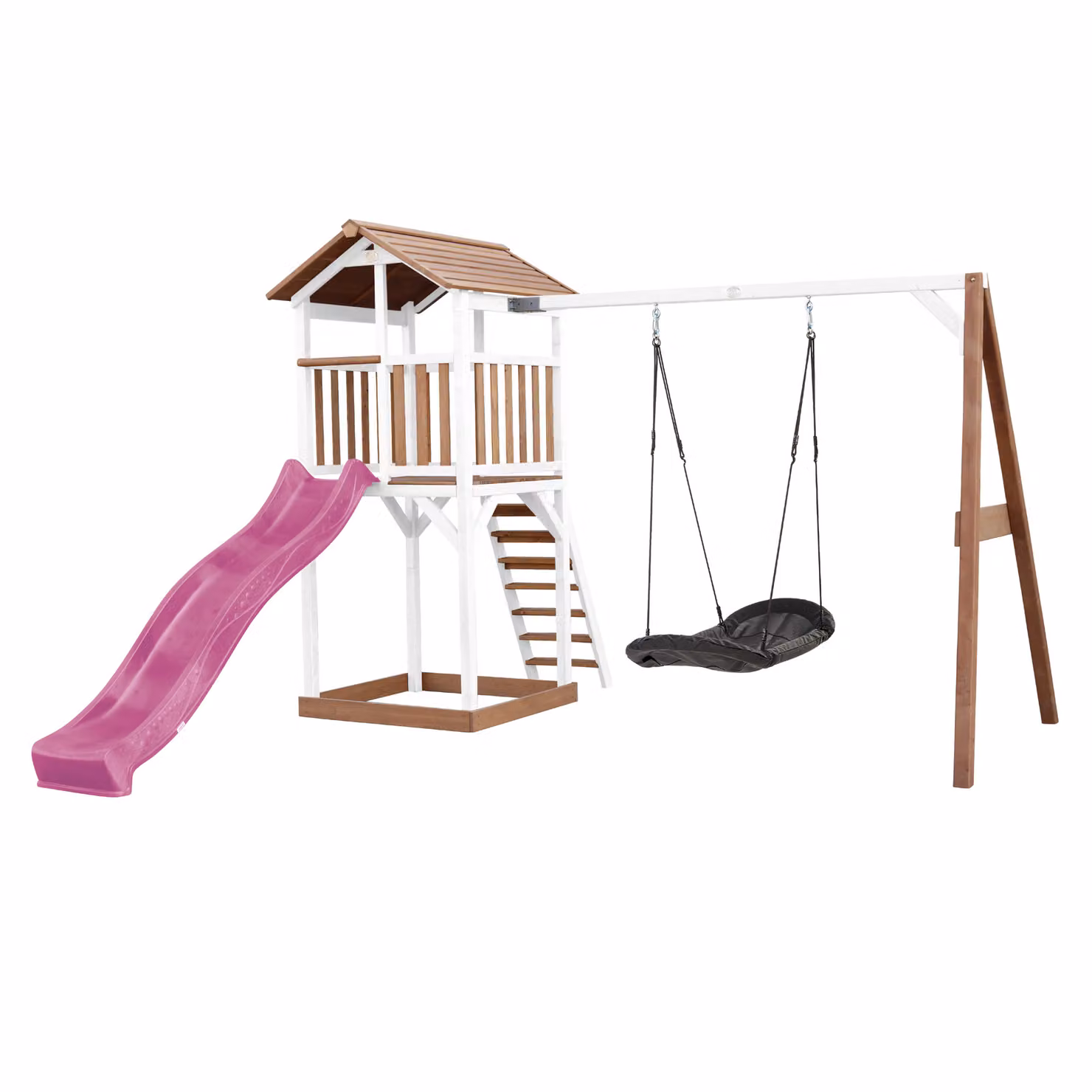 AXI Beach Tower parco giochi in legno in marrone e bianco | Torre di gioco con sabbiera, altalena a nido e scivolo viola | Casa per bambini su palafitte per il giardino