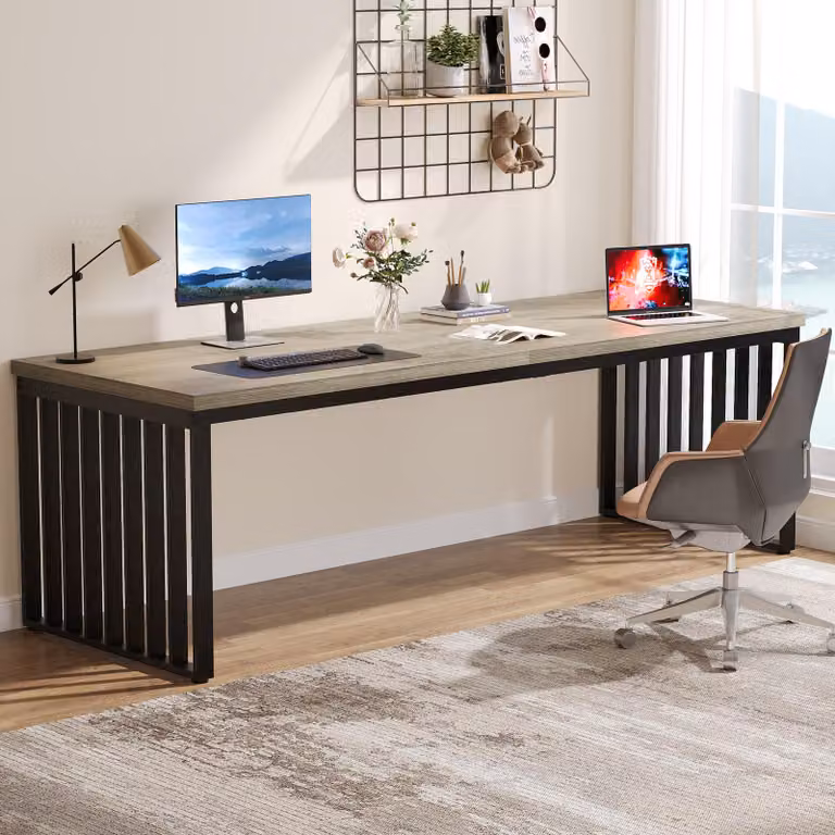Scrivania Tribesigns 180 cm, grande scrivania per computer tavolo da ufficio con robusta struttura in metallo, postazione di lavoro per l'ufficio di casa, grigio (senza sedia)