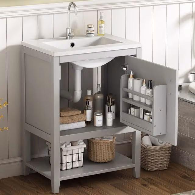 Mobile sottolavabo a pavimento con lavabo in ceramica e ripiani interni, grigio, per bagno, in MDF, 61 × 47 × 87 cm