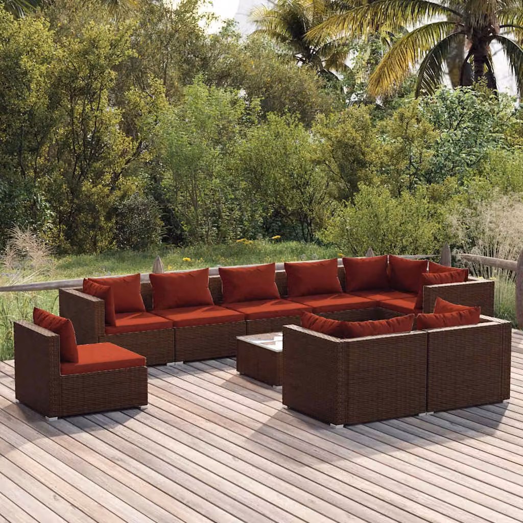 Set Divani da Giardino vidaXL 10 Pezzi a Forma di U con Cuscini e Tavolino, Polyrattan Marrone e Rosso