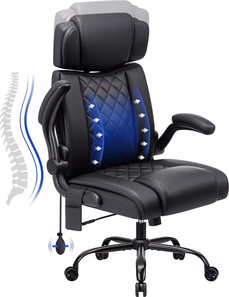 Sedia da ufficio - Poltrona direzionale ergonomica - Portata 200 kg - Supporto lombare - Pelle finta - Schienale alto - Braccioli ribaltabili - Regolabile in altezza - Nero