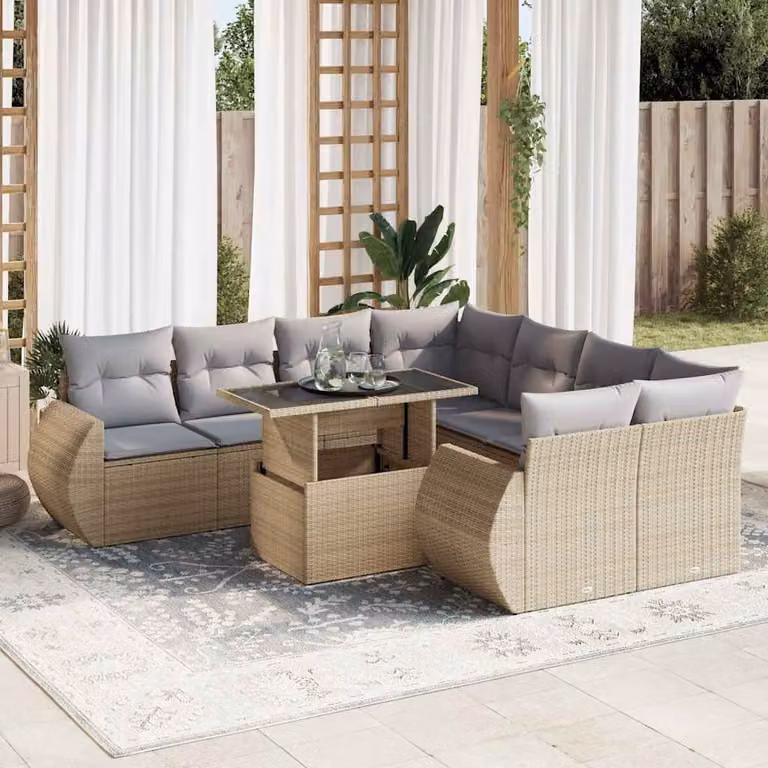 Set Divano da Giardino L-Shape vidaXL 9 pz con Cuscini Beige e Tavolino in Polyrattan e Acciaio