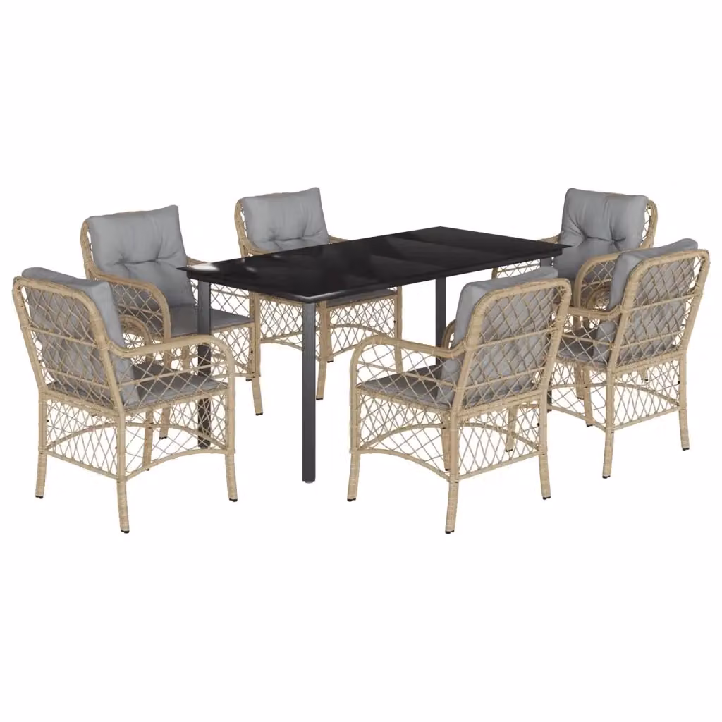 Set Pranzo da Giardino vidaXL in Polyrattan con Cuscini Beige Misto e Tavolo in Vetro, 7 Pezzi – 2