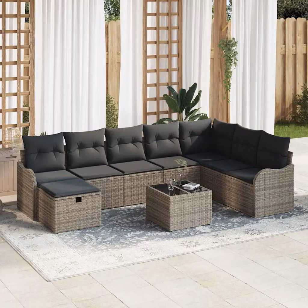 Set Divano da Giardino a L vidaXL 9 pz in Polyrattan Grigio con Cuscini e Tavolino – 1