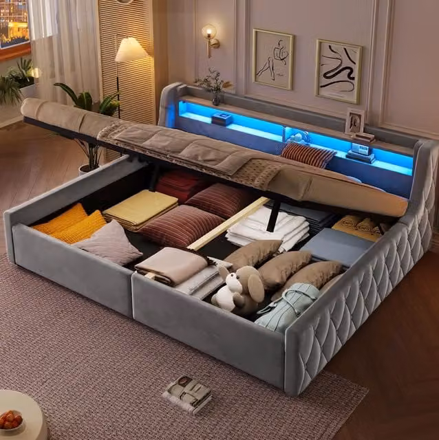 Letto a piattaforma 140x200 cm grigio con contenitore idraulico e LED, senza materasso
