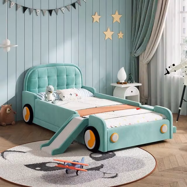 Letto per bambini con scivolo e scala ¨C Minimal ¨C imbottito blu, 90x200 cm