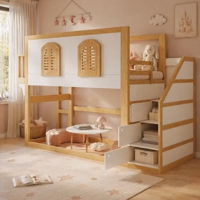 Letto a soppalco in legno massiccio per bambini con armadio scala, area giochi e design finestra, 90x200 cm, bianco e naturale