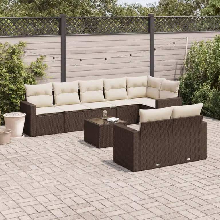 Set di divani da giardino vidaXL 9 pezzi in polyrattan marrone e bianco con cuscini e tavolino da esterno a forma di L