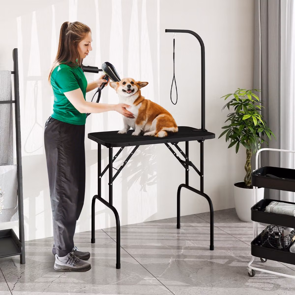 Tavolo per toelettatura cani pieghevole Costway con bracci regolabili in altezza Nero