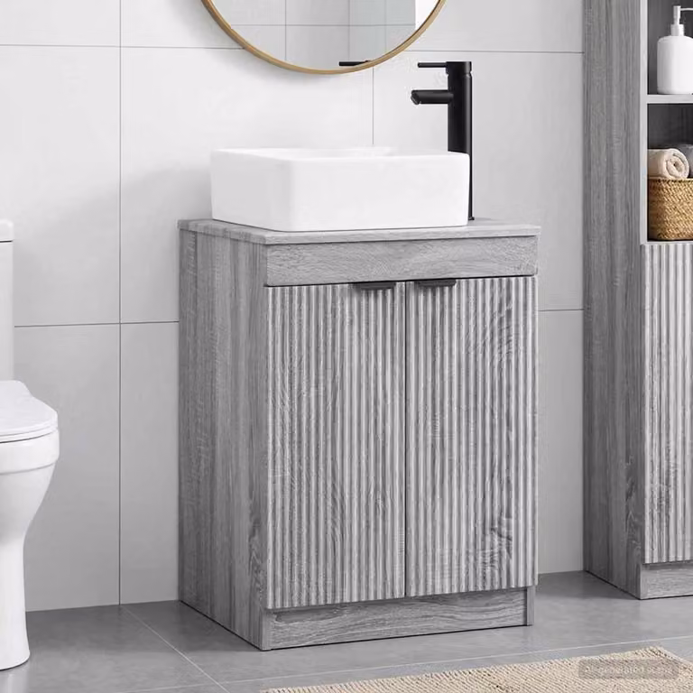 Set di mobili per il bagno moderno vidaXL in legno ingegnerizzato grigio Sonoma con ante a battente e ripiani interni