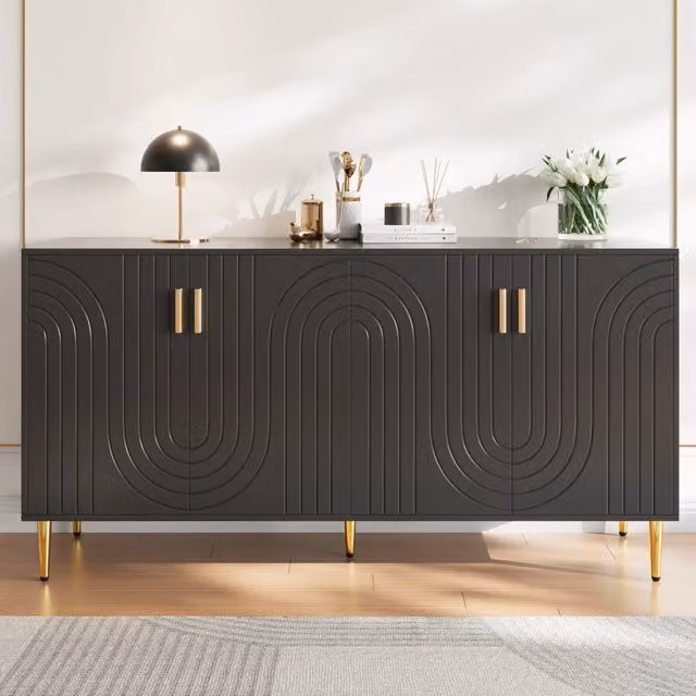 Sideboard nero 152x40x75 cm con design ondulato, maniglie e piedi dorati