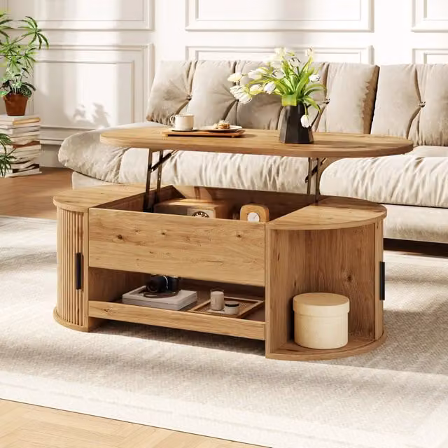 Desviae Tavolino basso sollevabile con vano nascosto ante scorrevoli e piano estraibile in MDF naturale 110 × 55 × 55 cm