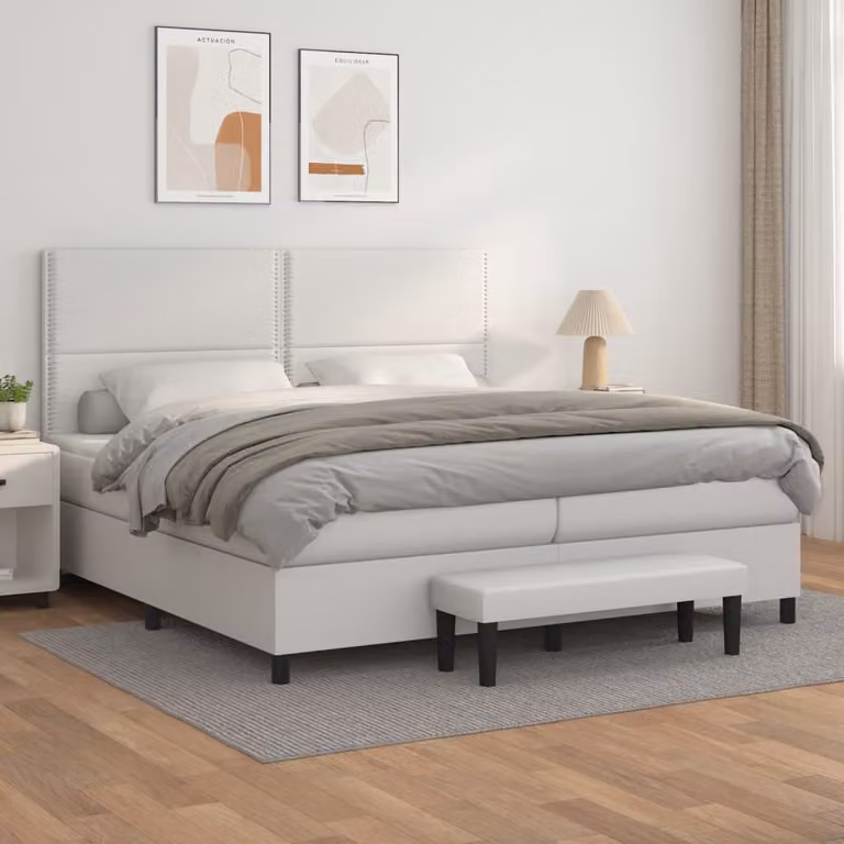 vidaXL Letto Ibrido con Giroletto a Molle e Materasso in Similpelle Bianco L/P/H: 200 x 200 x 128 cm