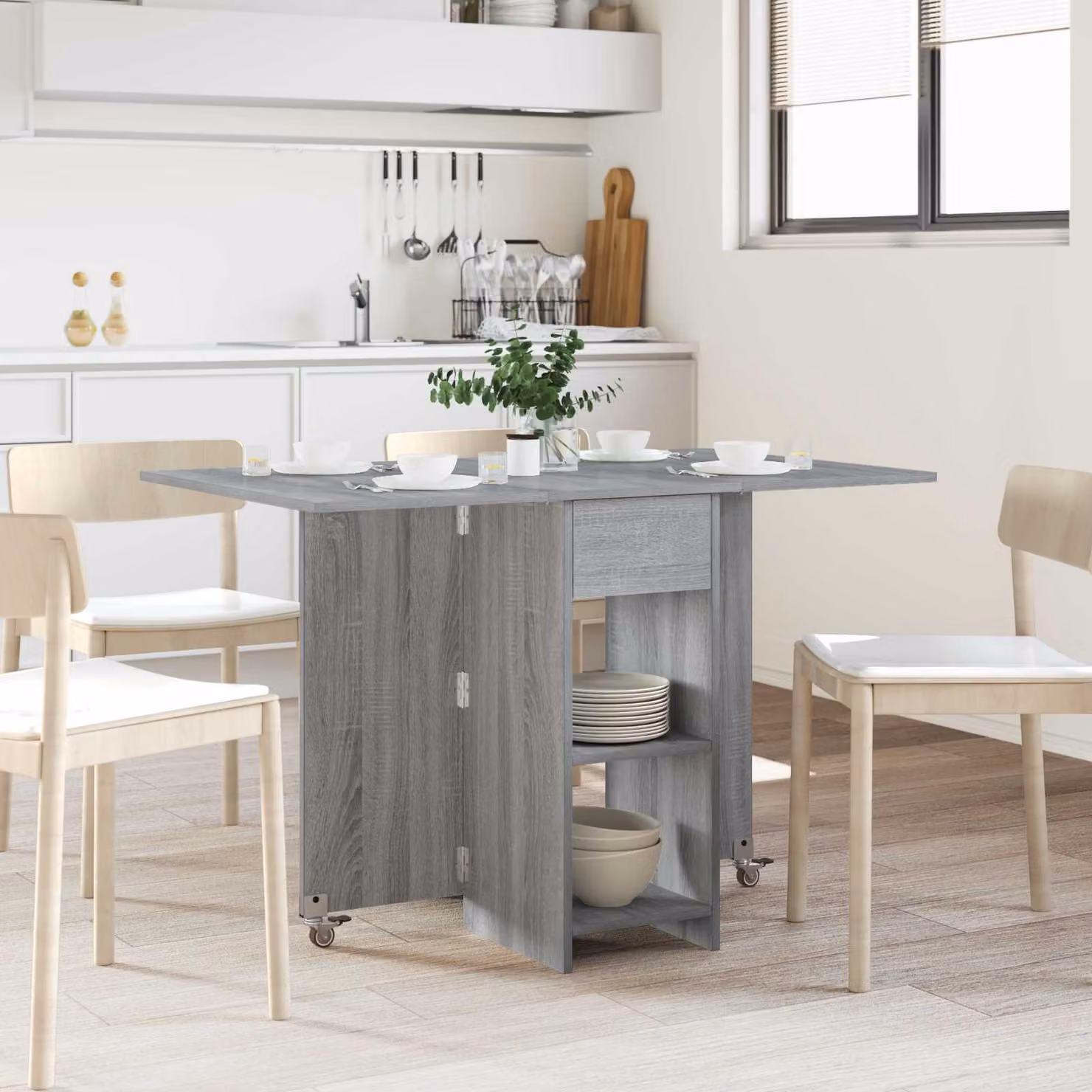vidaXL Tavolo da pranzo moderno estensibile con piano ribaltabile in legno MDF grigio L/P/H: 115 x 70 x 75 cm