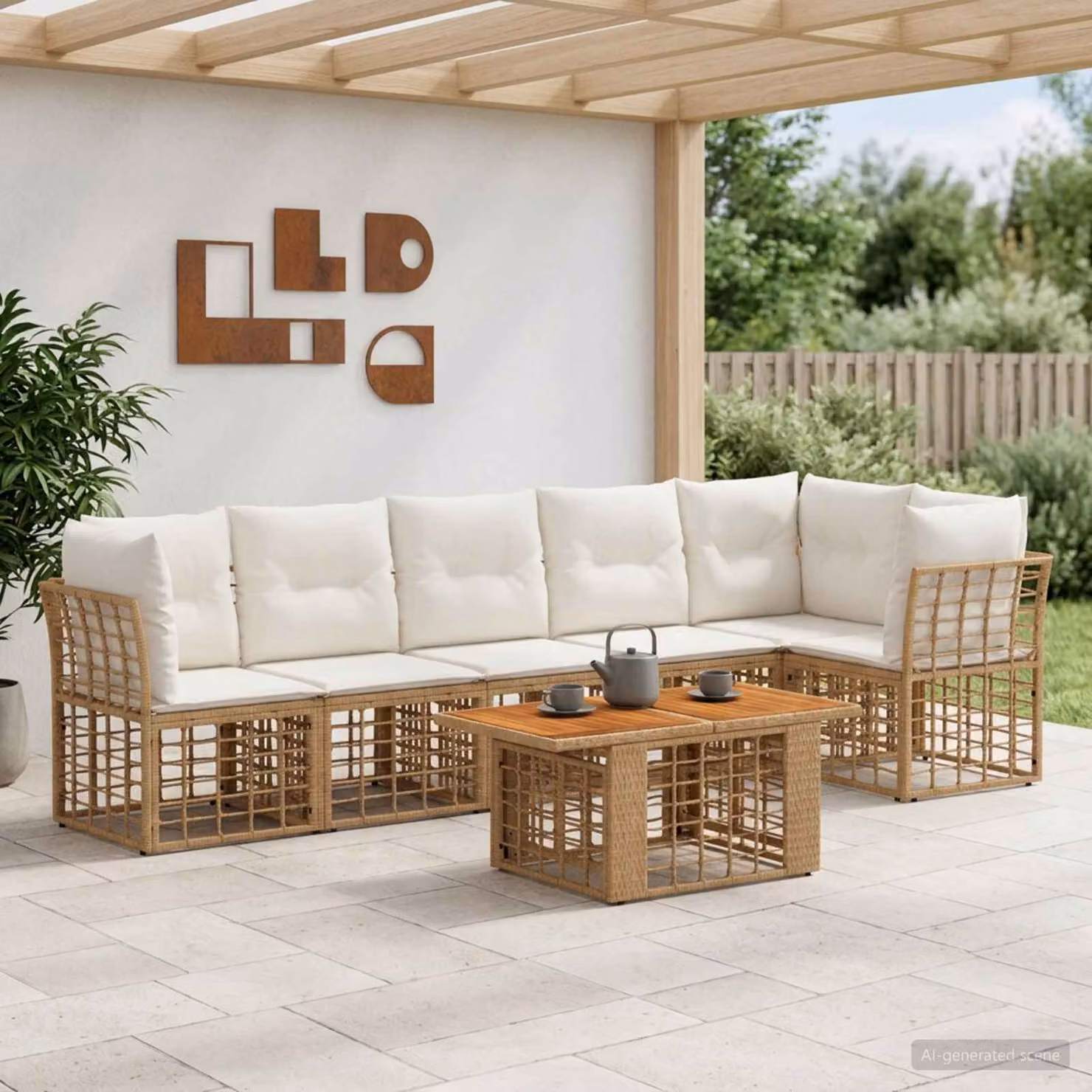Set Divano da Giardino vidaXL 7 Pezzi a Forma di L con Tavolino, Colore Bianco e Beige, Struttura in Metallo e Polyrattan con Cuscini Inclusi