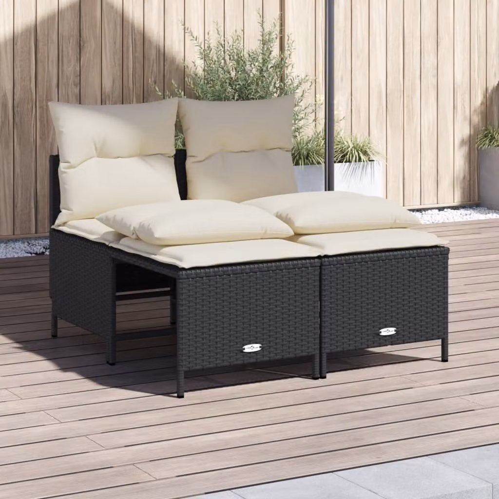 Set da giardino vidaXL in rattan nero con cuscini beige e struttura in acciaio, composto da divano a 2 posti, elemento angolare e pouf