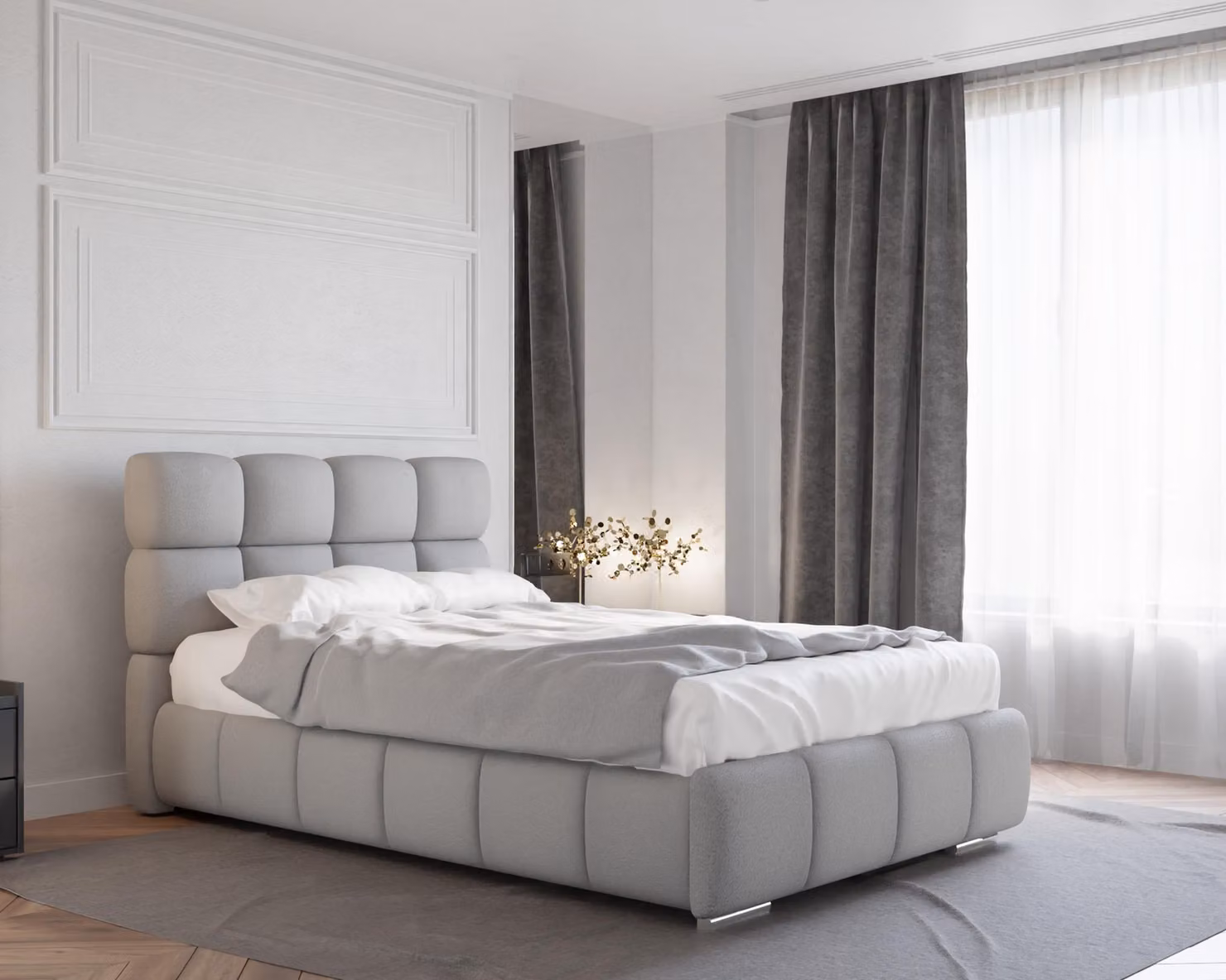 Letto imbottito BLISS con contenitore, con materasso (a molle insacchettate, fibra di cocco)