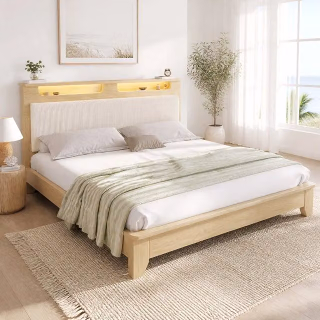 Letto matrimoniale 140x200 cm con testiera contenitore; LED e rivestimento in corduroy beige; effetto rovere chiaro