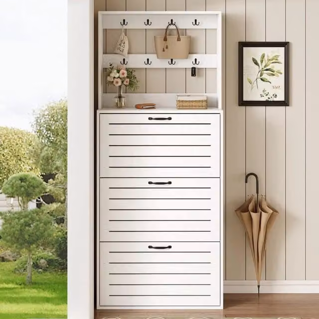 Scarpiera MINIMAL con 3 Ante e Ganci, Contenitore per Ingresso e Appendiabiti, Bianco Opaco, H: 165 cm, L: 70 cm, P: 25 cm