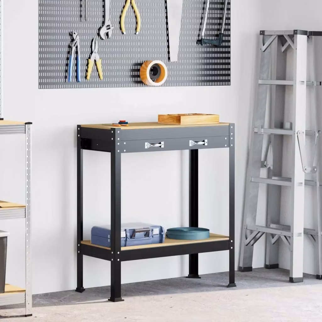 Banco da lavoro con cassetto e pannello forato nero DESIGN IN L: 80 cm, P: 40 cm, H: 91 cm – 2