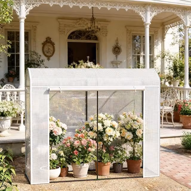 Serra da giardino REDOM bianca in polietilene e acciaio con finestra e struttura curva, H: 200 cm, L: 170 cm, P: 68 cm