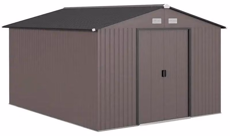 Capanno da giardino in metallo - Deposito attrezzi - Dimensioni: 3,22 x 2,77 x 1,92 m - 2 porte scorrevoli - 4 prese d'aria - Impermeabile - Colore marrone
