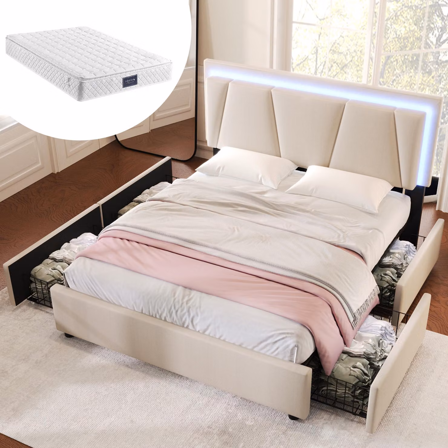 Letto imbottito 140x200 cm con illuminazione a LED, 4 cassetti e poggiatesta regolabile in altezza, rete a doghe in legno, letto contenitore