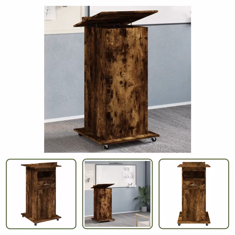 The Living Store Leggio con rotelle e cassetto in rovere fumé 55x55x107 cm