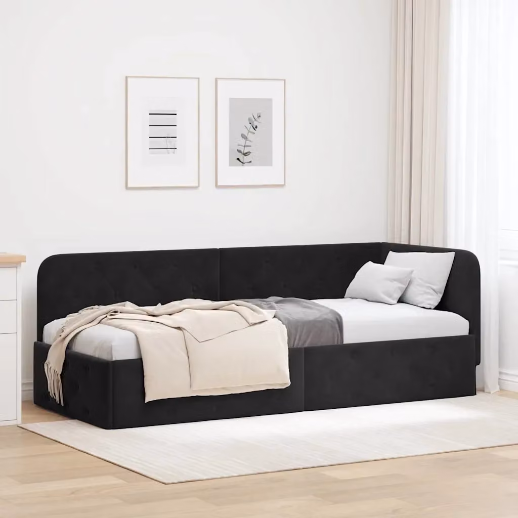 Letto singolo moderno in velluto nero con struttura imbottita L: 80 cm, P: 200 cm, H: 140 cm – 2