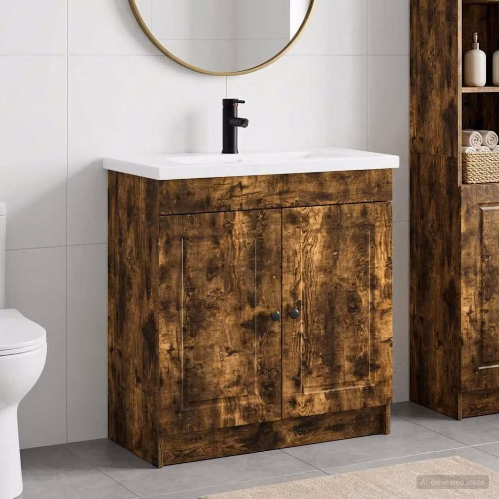 Set di mobili per il bagno moderno vidaXL in Rovere Fumo, L: 56 cm, P: 37,5 cm, H: 81 cm