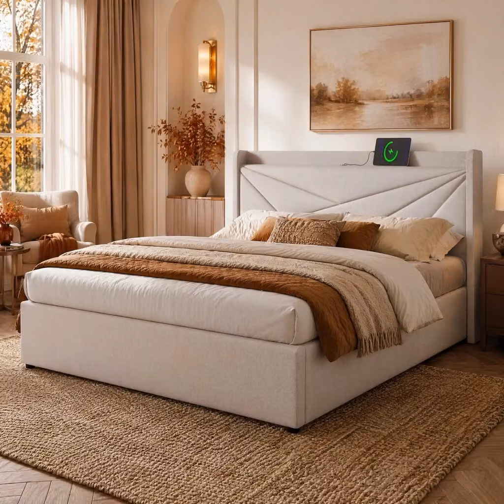 Letto matrimoniale con contenitore e testiera con porte USB e Tipo C MODFU in cotone beige L/P: 140 x 200 cm – 2