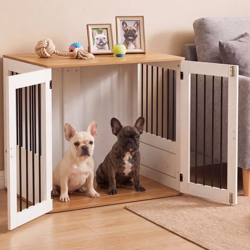 Kennel cane da interno moderno con 2 ciotole girevoli e chiusura di sicurezza, gabbia per cani piccoli e medi in legno e metallo con base antiscivolo – 2