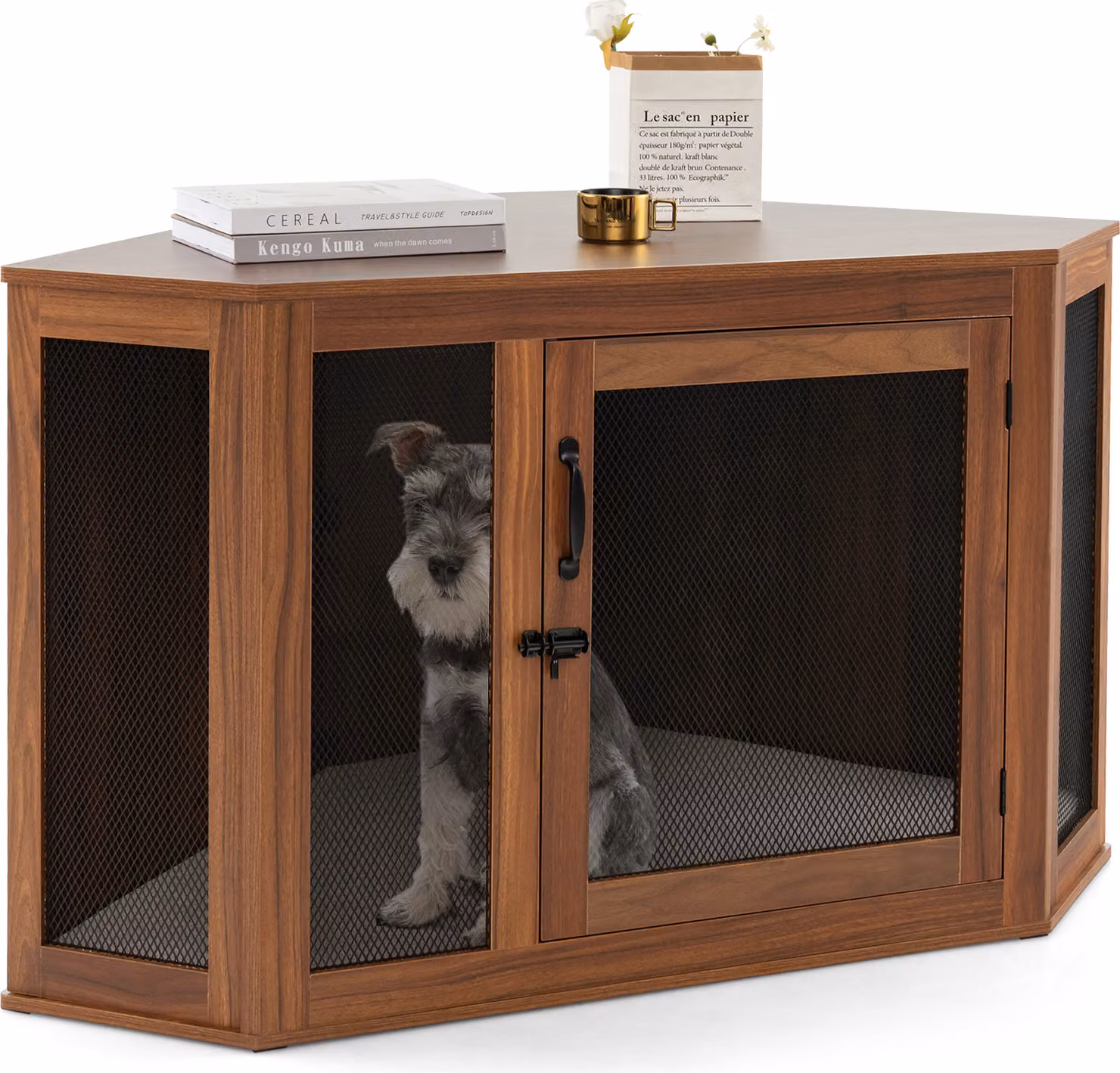 Gabbia per cani ad angolo COSTWAY, cuccia per cani con porta e cuscino, stile di arredamento della cassa per cani di piccola taglia, gabbia per animali domestici per piccoli spazi, casa per cani, casa per animali domestici, marrone