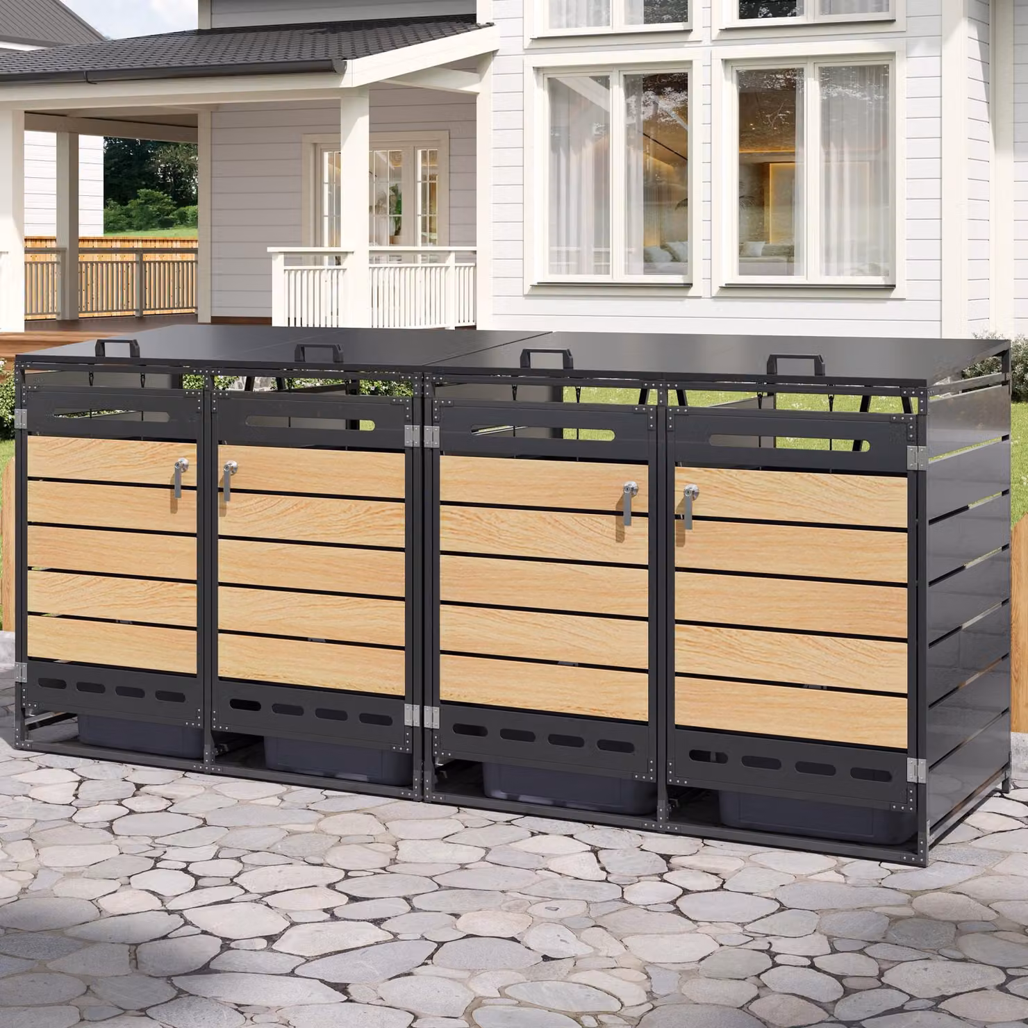 Merax: box per bidoni della spazzatura a 2 posti con coperchio idraulico, rivestimento in metallo effetto legno, disposizione orizzontale, ventilato e chiudibile a chiave, box da giardino per bidoni della spazzatura, nero