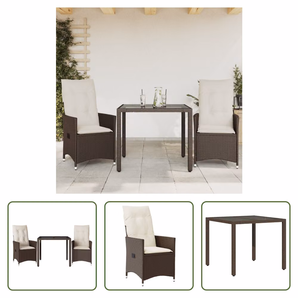 The Living Store Set bistrot 3 pezzi con cuscini in poly rattan marrone