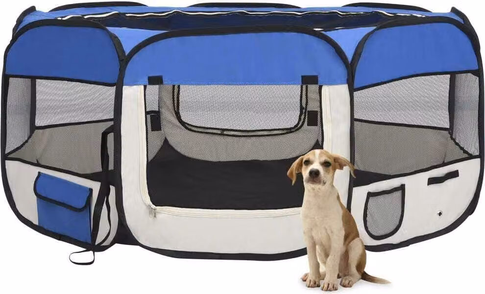 The Living Store Box pieghevole per cuccioli con borsa per il trasporto Blu 145x145x61 cm