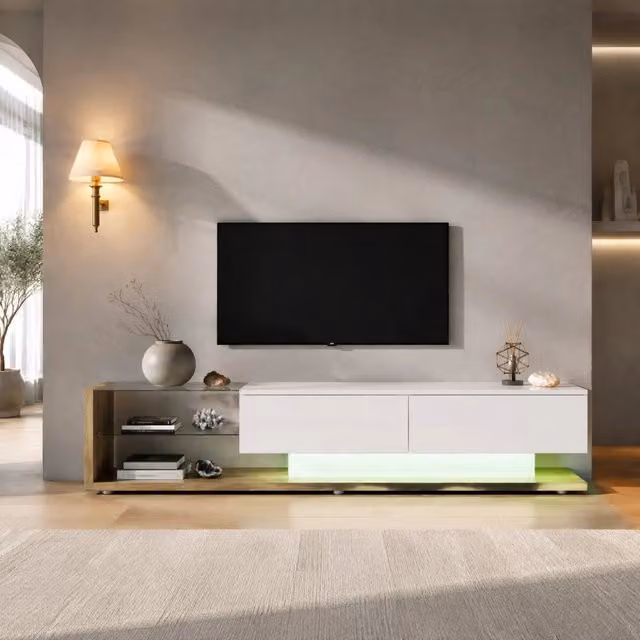 Mobile TV REDOM Bianco lucido con LED, 2 cassetti e ripiani in vetro L: 170 cm, P: 36 cm, H: 38 cm